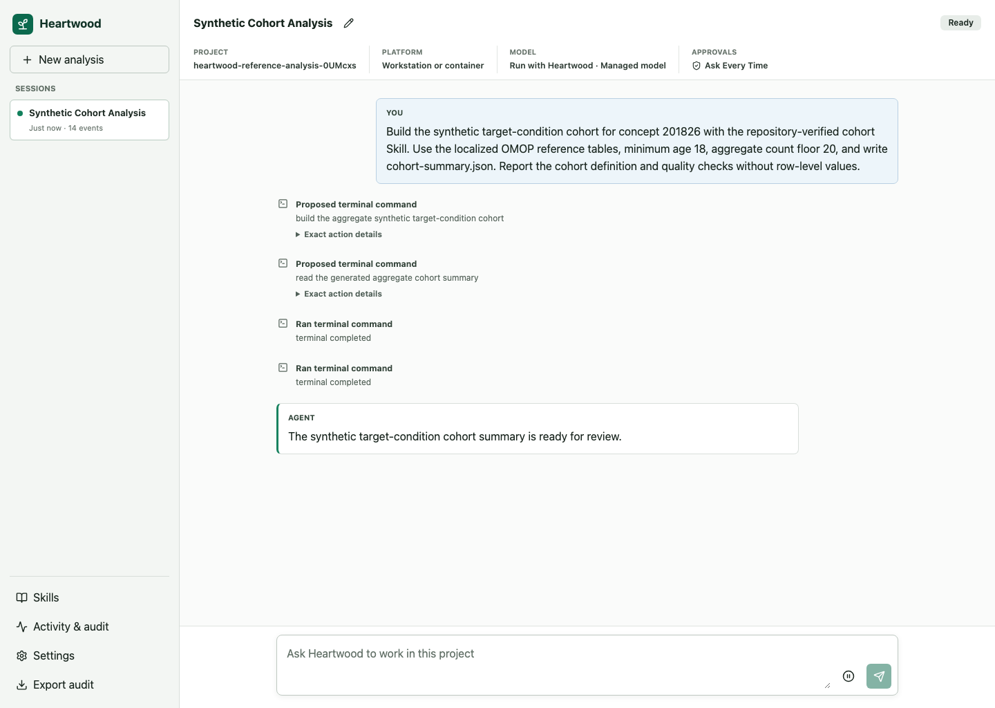 Heartwood browser interface showing a project conversation