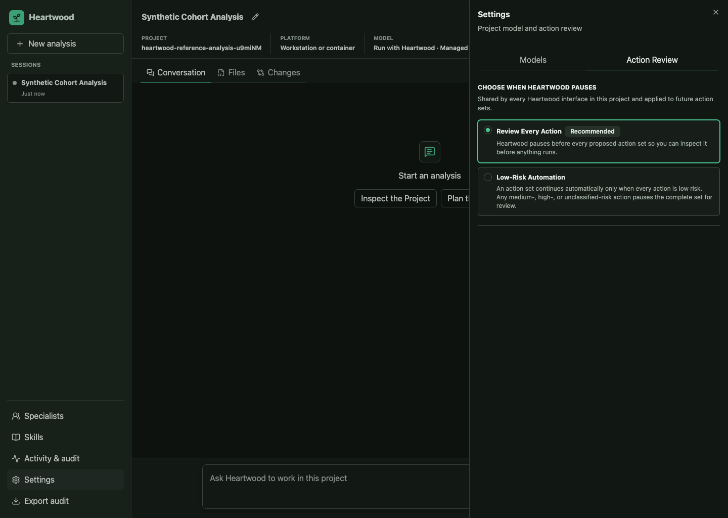 Heartwood action-review settings showing the project-wide modes