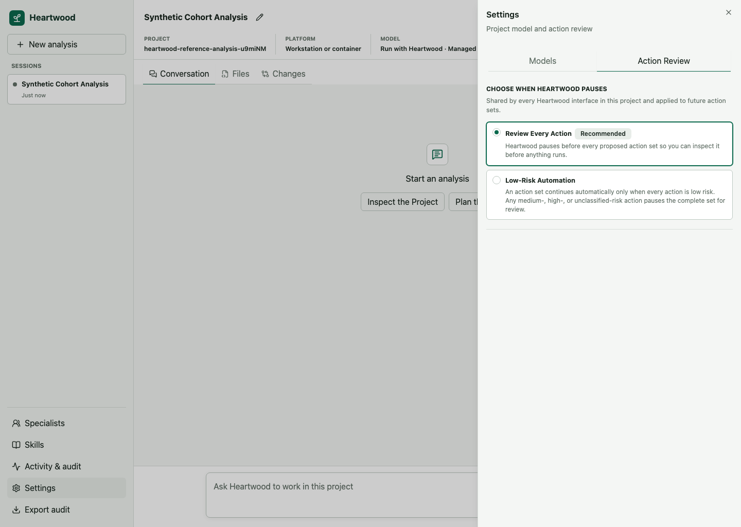 Heartwood action-review settings showing the project-wide modes