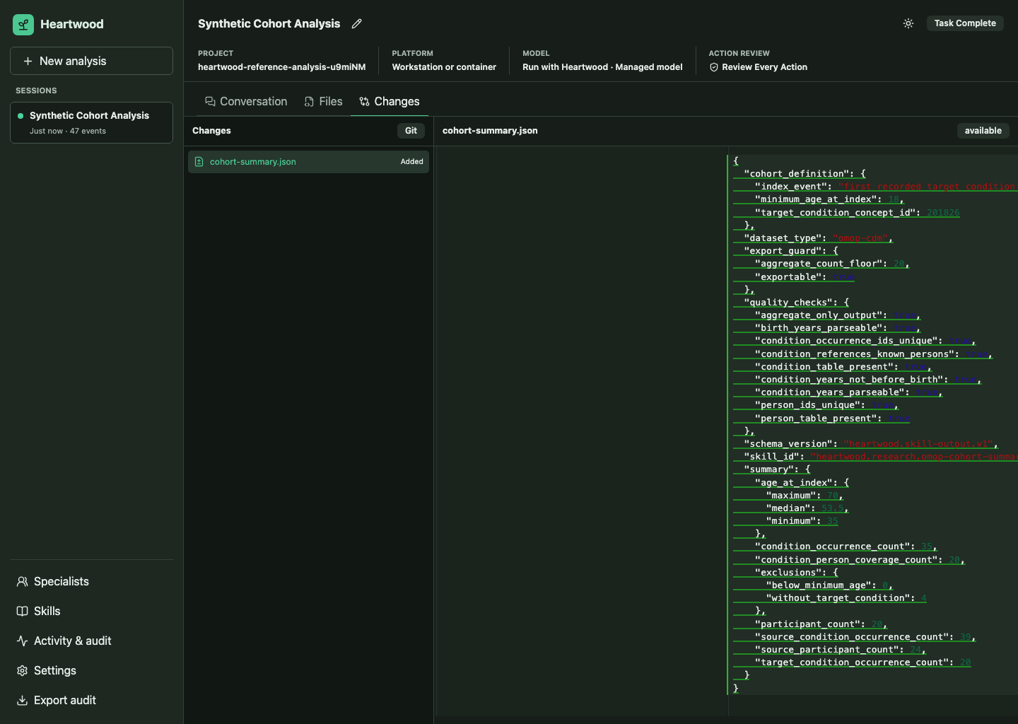 Heartwood Changes view showing a Git-backed per-file diff