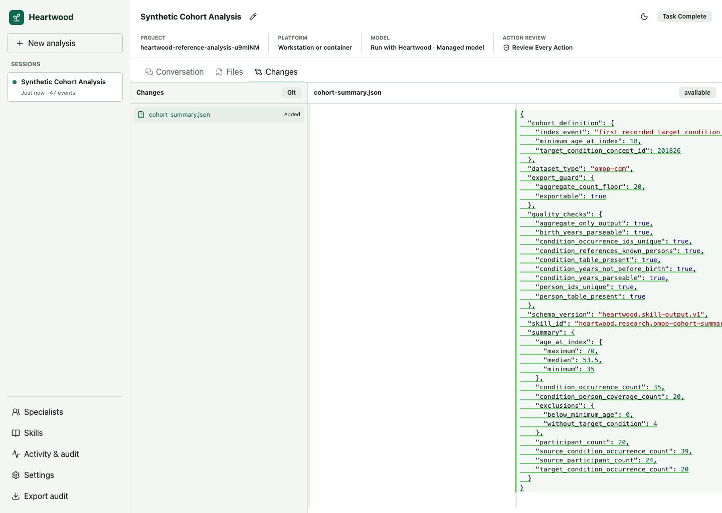Heartwood Changes view showing a Git-backed per-file diff