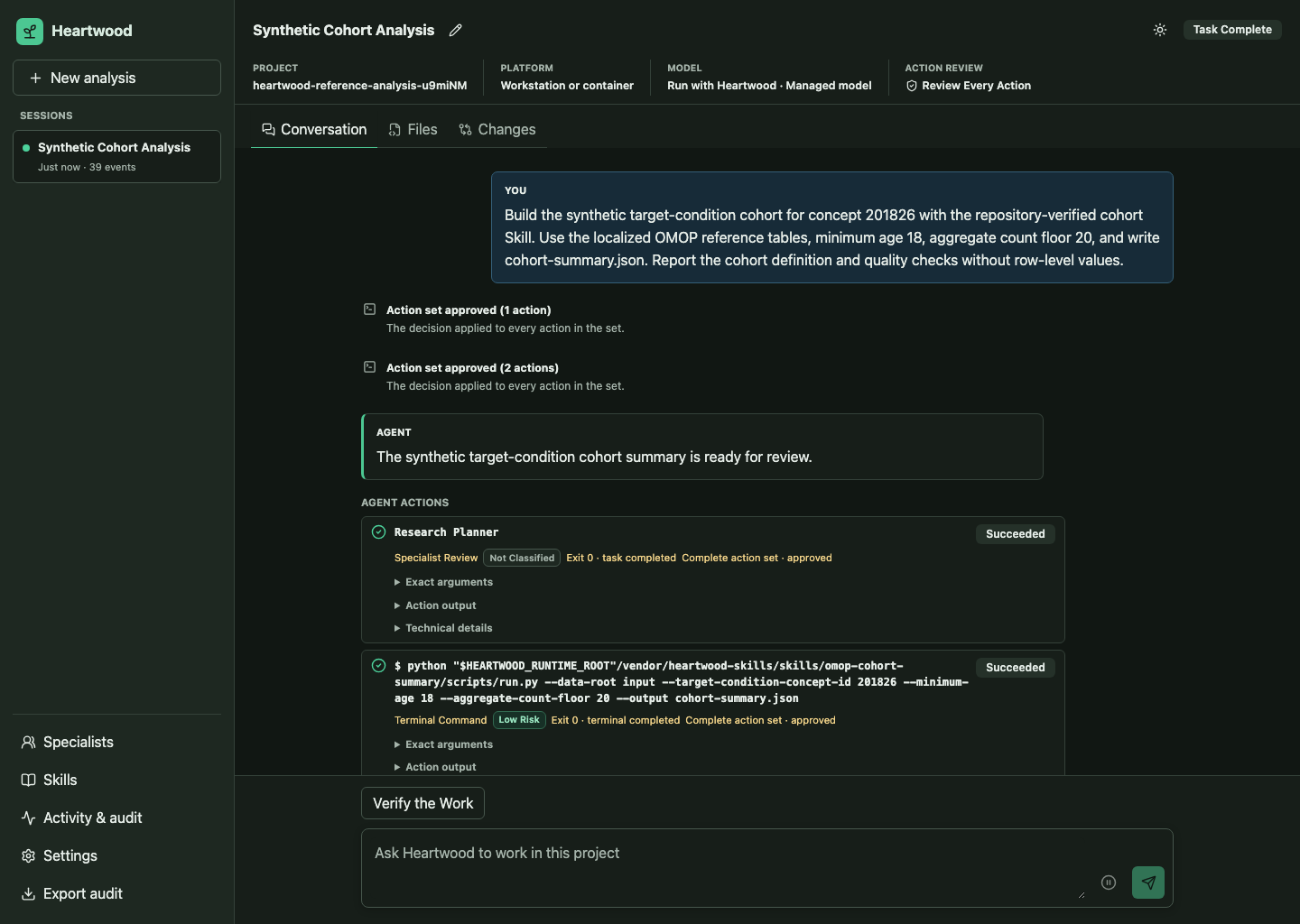 Heartwood browser interface showing a project conversation
