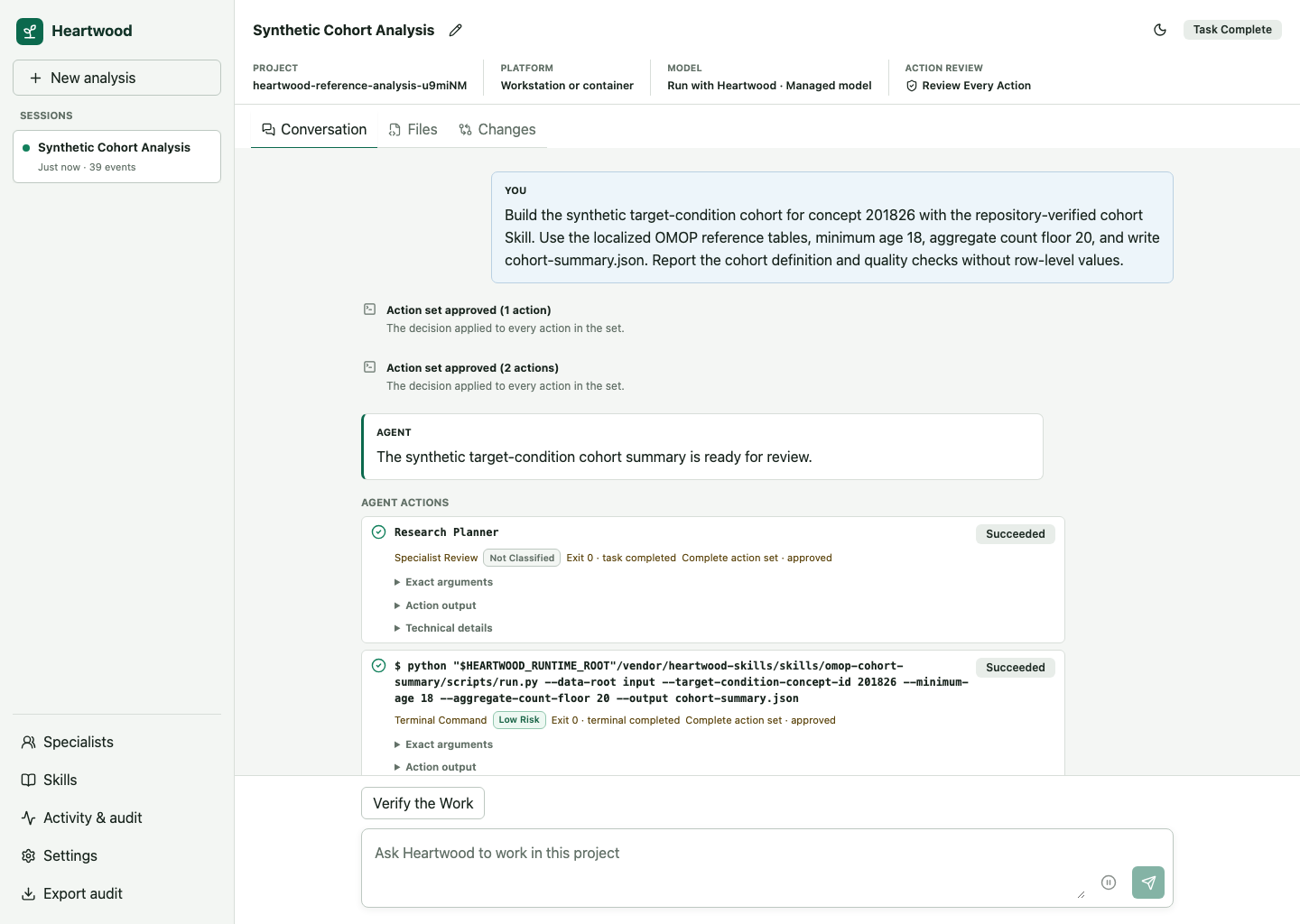 Heartwood browser interface showing a project conversation
