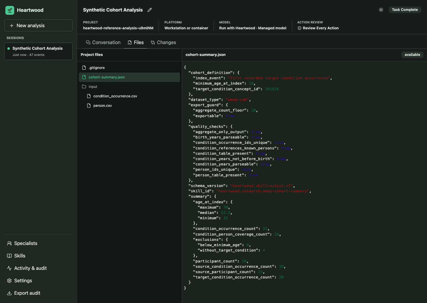 Heartwood Files view showing the bounded project tree and a syntax-highlighted result