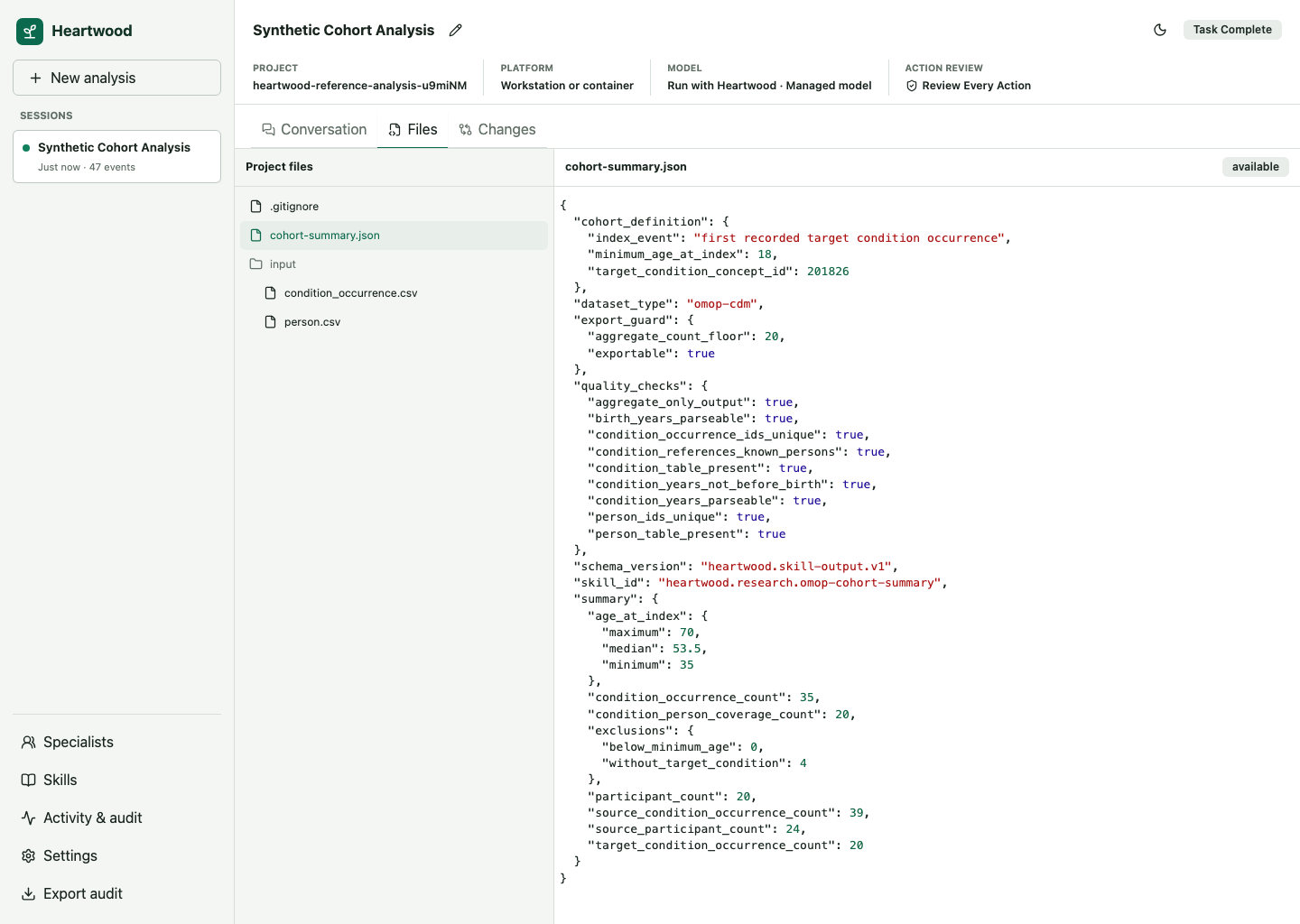 Heartwood Files view showing the bounded project tree and a syntax-highlighted result