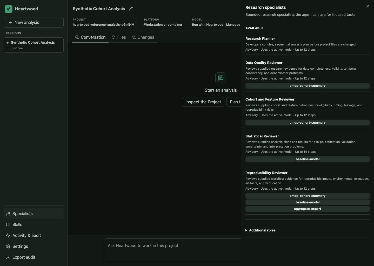 Heartwood Specialists panel showing bounded research-review roles