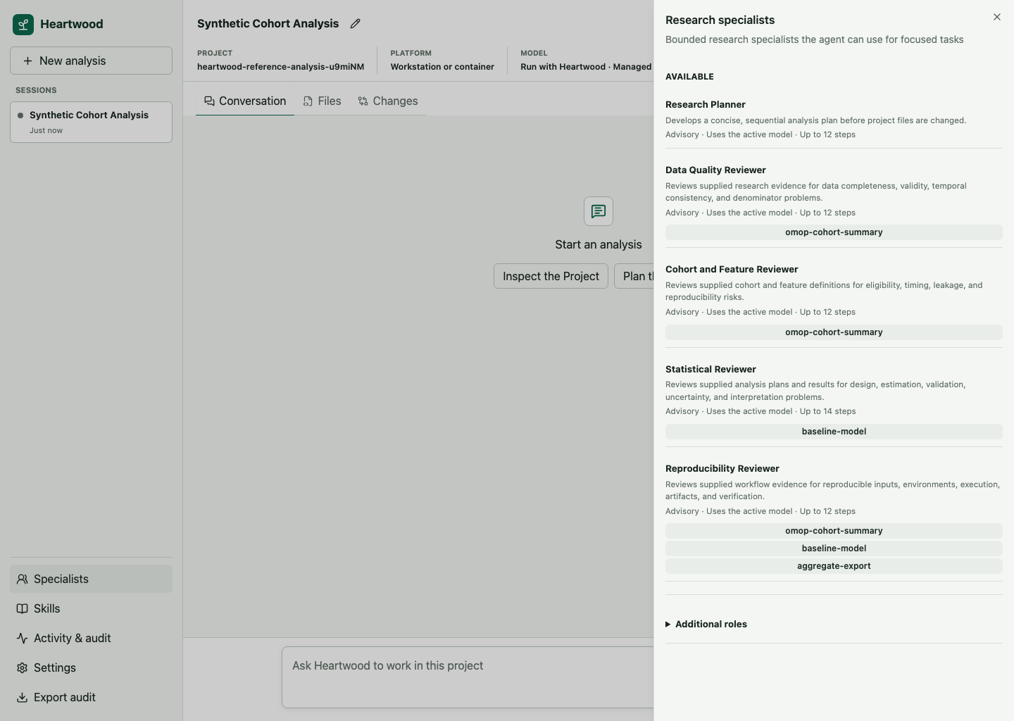Heartwood Specialists panel showing bounded research-review roles