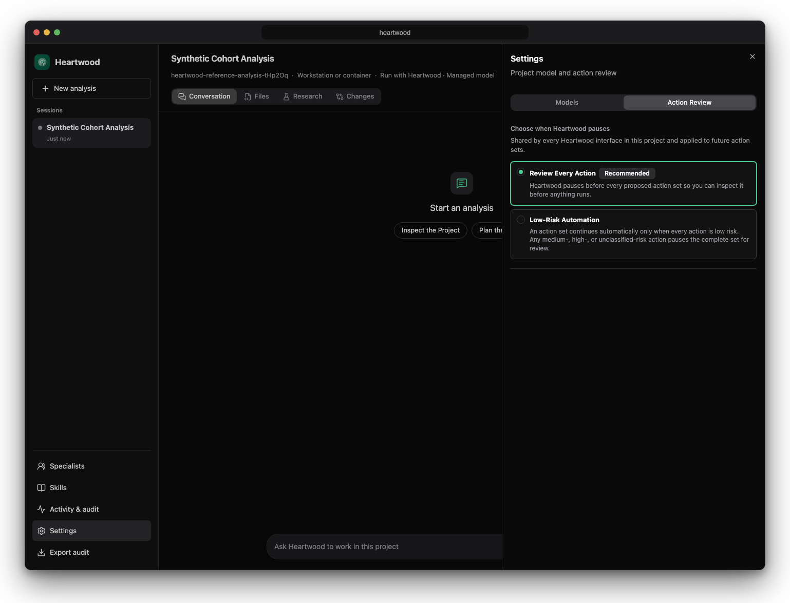 Heartwood action-review settings showing the project-wide modes