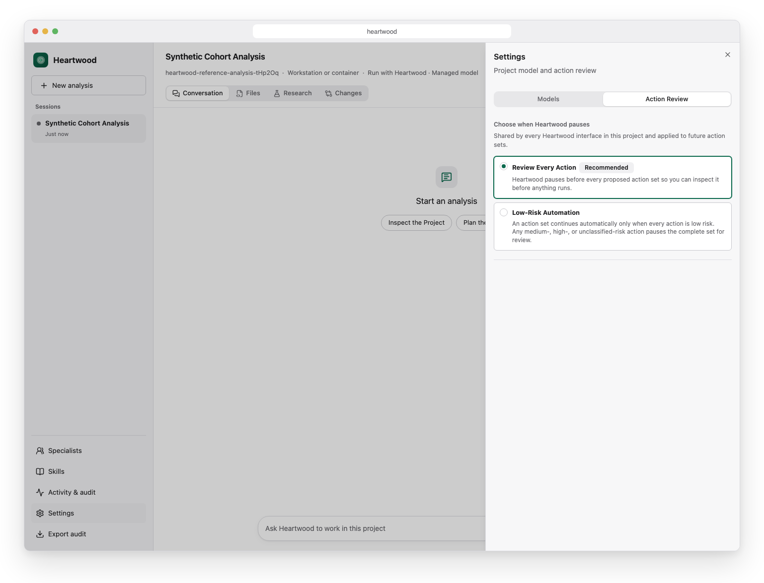 Heartwood action-review settings showing the project-wide modes