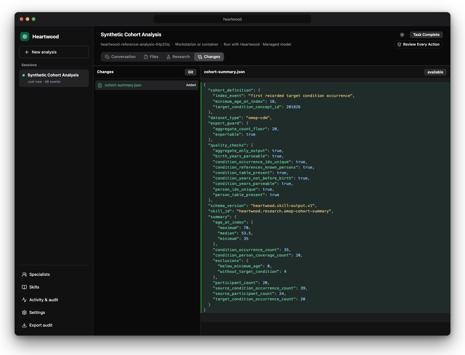 Heartwood Changes view showing a Git-backed per-file diff