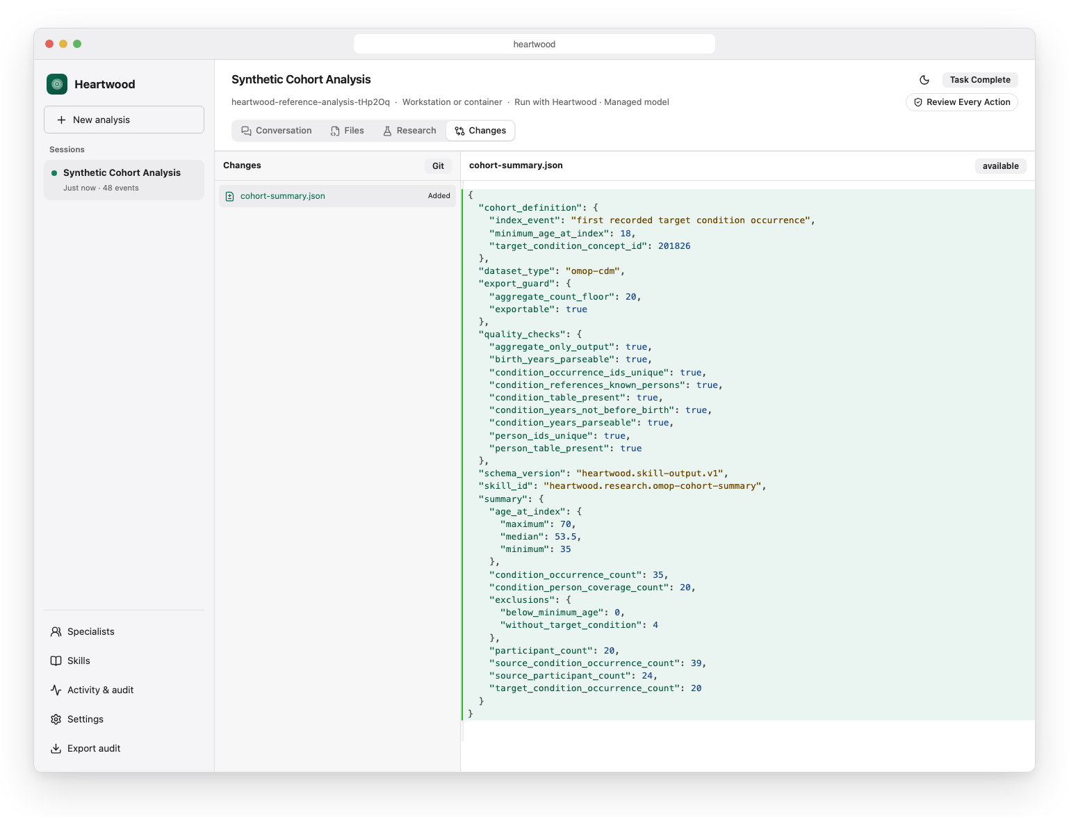 Heartwood Changes view showing a Git-backed per-file diff