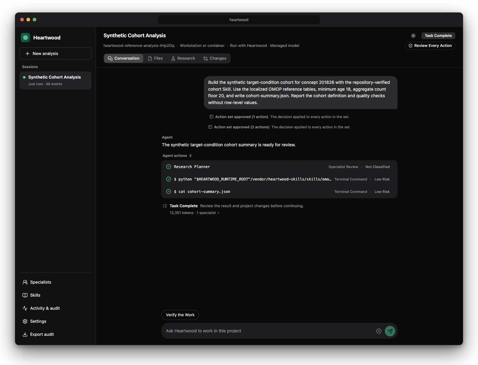 Heartwood browser interface showing a project conversation