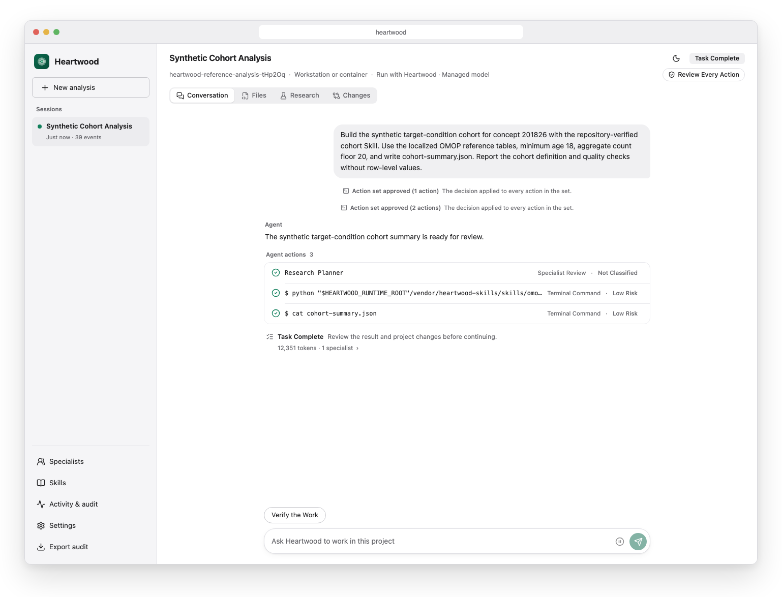 Heartwood browser interface showing a project conversation