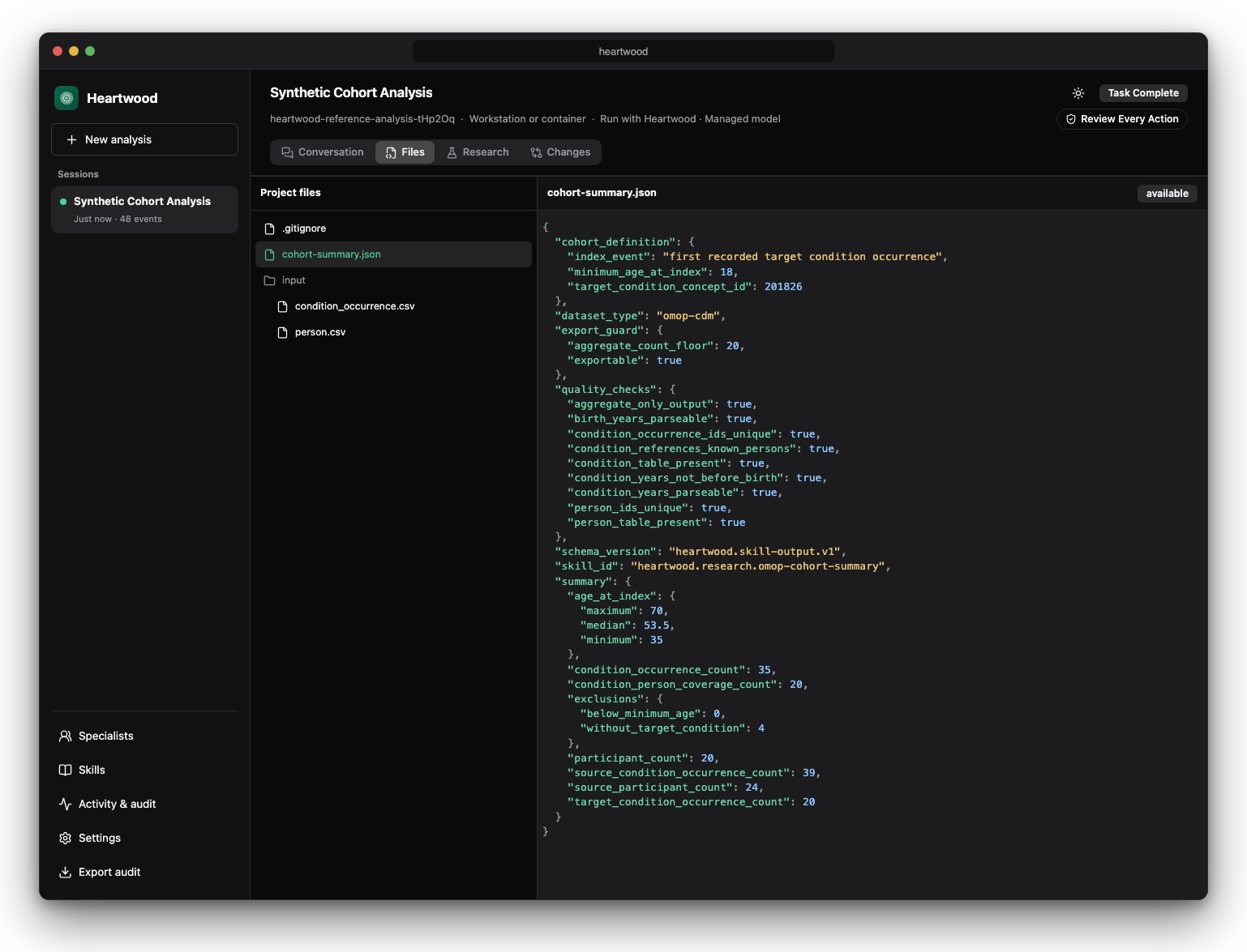 Heartwood Files view showing the bounded project tree and a syntax-highlighted result
