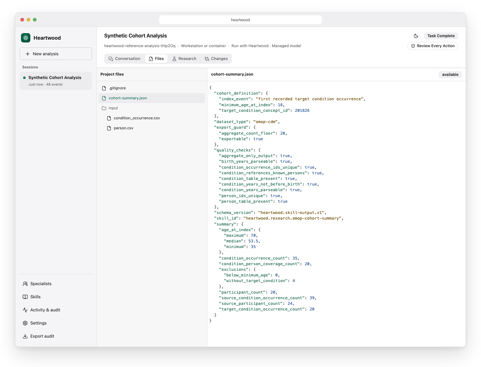 Heartwood Files view showing the bounded project tree and a syntax-highlighted result