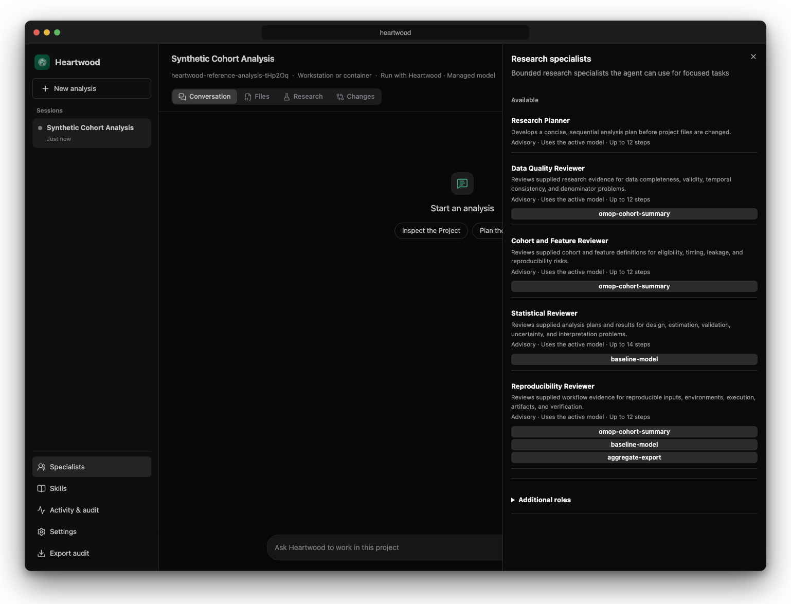 Heartwood Specialists panel showing bounded research-review roles