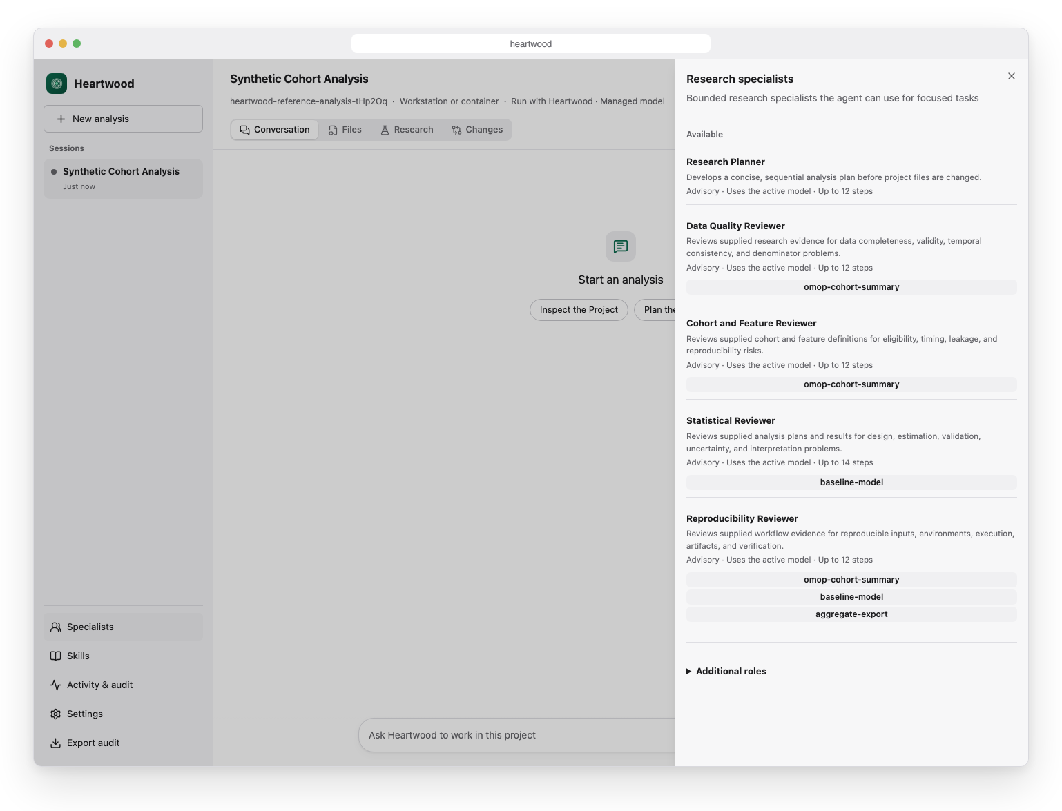 Heartwood Specialists panel showing bounded research-review roles